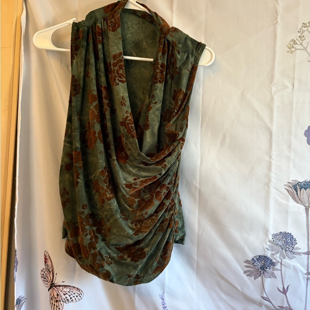 Floral Velvet Drape Skirt  with top - Green and Brown